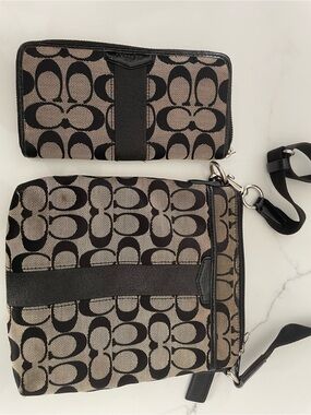 Coach Black and Tan Signature Canvas Crossbody with Zip Wallet